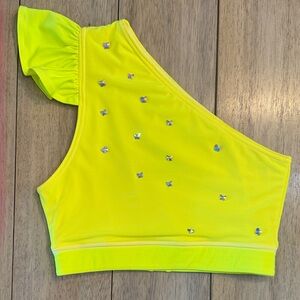 Brittany Allen Neon Yellow Crop Top w/ Rhinestone Butterfly Details